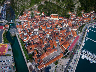 aerial view of Kotor old town in dusk light