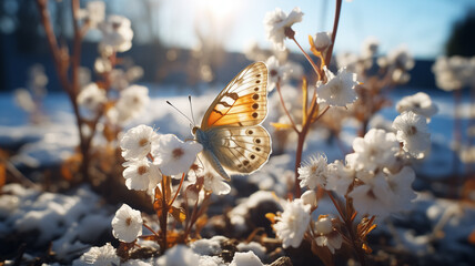 Butterfly on new born flower in the nature, melting snow around spring flowers, blooming season, sun, spring colors. Close up of butterfly on blooming flower in nature in Spring