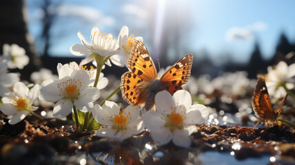 Butterfly on new born flower in the nature, melting snow around spring flowers, blooming season,...