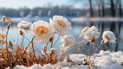 The beginning of Spring. New born flowers in the nature, melting snow around spring flowers, blooming season, sun, spring colors. Close up of blooming flower in nature in Spring.