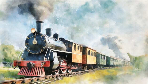 old steam locomotives of the 20th century watercolor background © Marsha