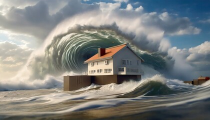 huge tsunami perfect storm big waves miniature house model generative ai