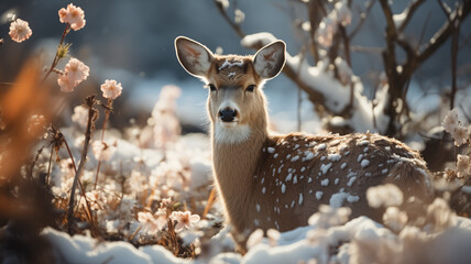 Wild deer in the field, melting snow around and spring flowers, blooming season, sun, spring colors. Close up of wild deer in nature in Spring.