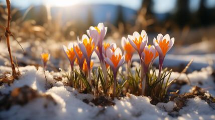 The beginning of Spring. New born flowers in the nature, melting snow around spring flowers,...