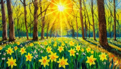 original oil painting spring forest landscape with daffodils and sun impasto printable square artwork