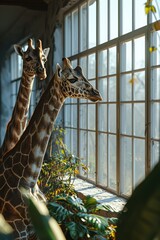 Two giraffes stick their heads through the big window