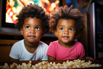 Two smiling little Afro children carefully watch their parents' instructions before eating a popcorn bowl.  - obrazy, fototapety, plakaty