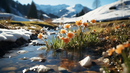 The beginning of Spring. New born flowers in the nature, melting snow around spring flowers, blooming season, sun, spring colors. Close up of blooming flower in nature in Spring. - obrazy, fototapety, plakaty