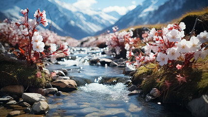 The beginning of Spring. New born flowers in the nature  melting snow around the river in the...