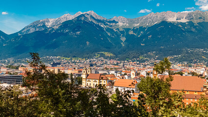 Fototapeta na wymiar Alpine summer view with the famous Nordkette mountains in the background at Innsbruck, Tyrol, Austria