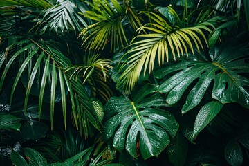 Macro view of lush foliage and palm leaves on a dark tropical backdrop.