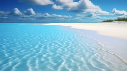  a picture of a beach that looks like it is in the middle of the ocean, with a blue sky and white sand on the bottom and bottom of the water.