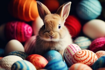 Fototapeta na wymiar a small rabbit sitting among a pile of colorful balls of yarn in the shape of easter eggs, looking at the camera, with a curious look on its face.