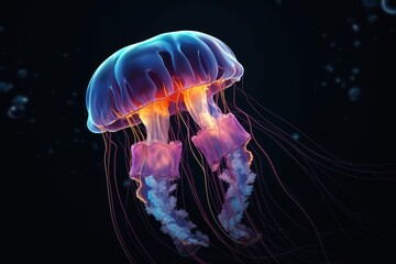 a close up of a jellyfish on a black background with a blue and red jellyfish in the middle of it's body and a red and yellow jellyfish in the middle of it's body.