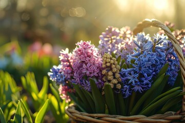  a basket filled with purple and blue flowers on top of a field of green grass and pink and purple flowers on the side of the basket, with the sun shining in the background.
