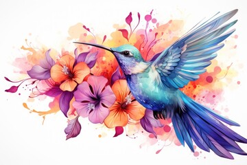  a watercolor painting of a hummingbird on a white background with purple and orange flowers in the foreground and a splash of pink and orange flowers in the background.