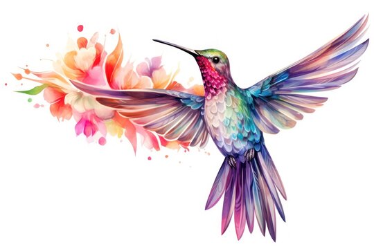  a watercolor painting of a hummingbird in flight with a flower in the foreground and a splash of paint on the back of the bird's wings.