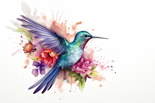  a watercolor painting of a hummingbird with flowers on it's back and wings, with a splash of paint on the back of the image of the hummingbird.