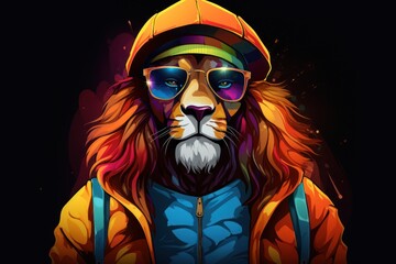  a lion wearing sunglasses and a hat with a beard and a beardlocke, wearing a hoodie and a jacket with a hoodie, with a hood, on a black background.