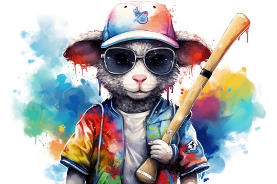  a watercolor painting of a sheep wearing a baseball hat and sunglasses holding a baseball bat with a splash of paint on the back of its head and a white background.