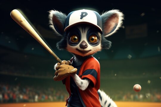  a painting of a baseball player with a racoon on his shoulder and a baseball bat in his hand, in front of a crowd of a baseball field.