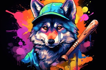  a wolf wearing a baseball cap and holding a baseball bat with paint splatters on the background of a splash of red, yellow, blue, pink, purple, and orange.