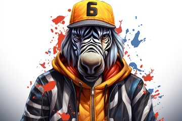  a drawing of a zebra wearing a baseball cap and a jacket with the number six on it's face and wearing a baseball cap with the number six on it's face. - obrazy, fototapety, plakaty