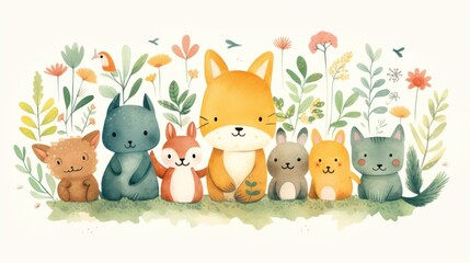  a group of cats standing next to each other in front of a field of flowers and plants with a bird on top of one of the cat's head.
