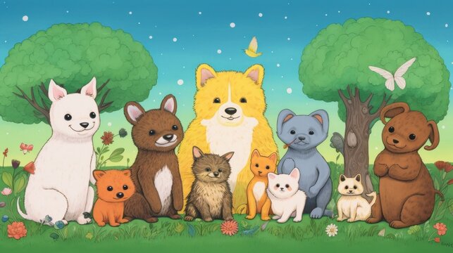  a painting of a group of dogs and cats in a park with a butterfly in the sky above the dog is a cat, a dog, a cat, a dog, a cat, a dog, a cat, a dog, a bird, and a.