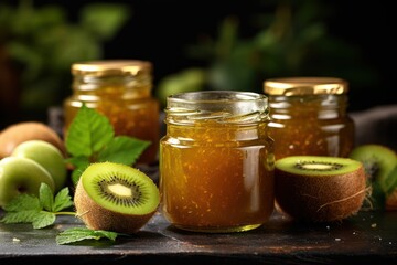  a table topped with jars filled with liquid next to kiwi slices and minty leafy garnishes on top of a wooden table next to sliced kiwi.