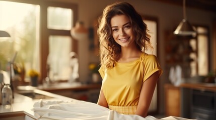 Portrait of a smiling young woman in a yellow shirt - obrazy, fototapety, plakaty