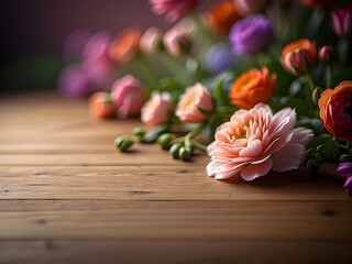 a group of beautiful flowers arranged on a wooden table