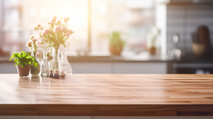 Empty wooden table top in the kitchen with kitchen utensil on the background, blurred background - obrazy, fototapety, plakaty