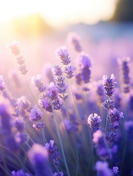  a field of lavender flowers with the sun shining in the backgrounnd of the flowers in the foreground and in the backgrounnd of the foreground.