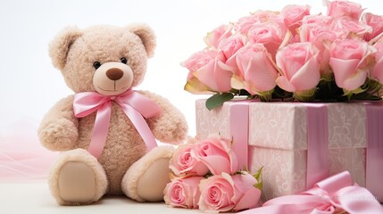 Bouquet of delicate pink roses, a toy teddy bear holding a gift with silk ribbons,