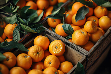 Orange Harvest Pile of Fresh Citrus Fruits in the box