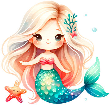 Cute mermaid watercolor clipart with transparent background