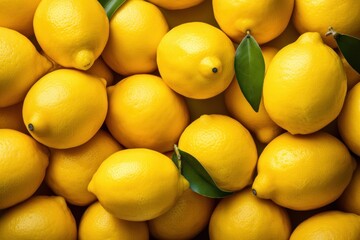  a pile of yellow lemons with green leaves on the top and bottom of the lemons with green leaves on the bottom of the top of the lemons. - obrazy, fototapety, plakaty
