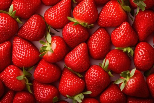 a close up of a bunch of strawberries with green leaves on the top and bottom of the strawberries on the bottom of the bottom of the image is a white background.