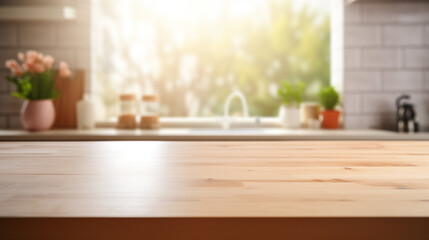 Empty wooden table top in the kitchen with kitchen utensil on the background, blurred background