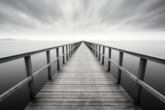  a black and white photo of a pier in the middle of a body of water with a cloudy sky in the background and the end of the pier is empty.