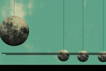  a group of balls hanging from strings in front of a blue sky with clouds and the moon in the middle of the picture with a line of three hanging balls.