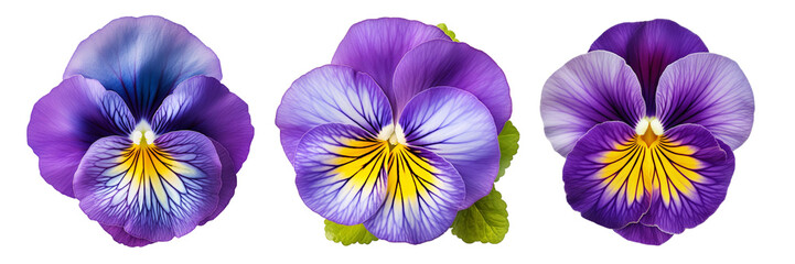 Set of pansy top view isolated on a transparent background