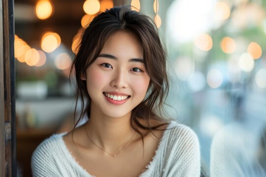 Portrait of an Asian woman radiating positivity and charm.