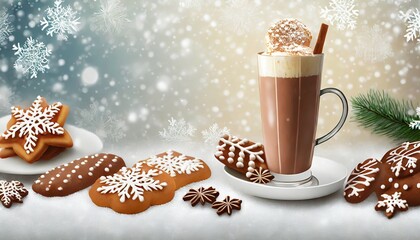 winter background with snowflakes christmas baked goods and hot chocolate on a light surface generative ai