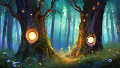 a dark forest with a pair of glowing eyes staring out from a hollow tree fantasy concept illustration painting generative ai