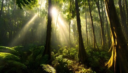 dark rainforest sun rays through the trees rich jungle greenery atmospheric fantasy forest 3d...