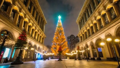 Fototapeta na wymiar chicago s glowing christmas tree illuminates historic michigan avenue alongside ancient chinese temple architecture