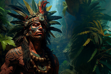 Chaman Maya con ornamentos para rituales  en la selva - obrazy, fototapety, plakaty