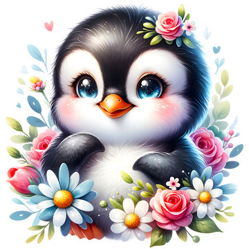 Cute floral penguin watercolor clipart with transparent background